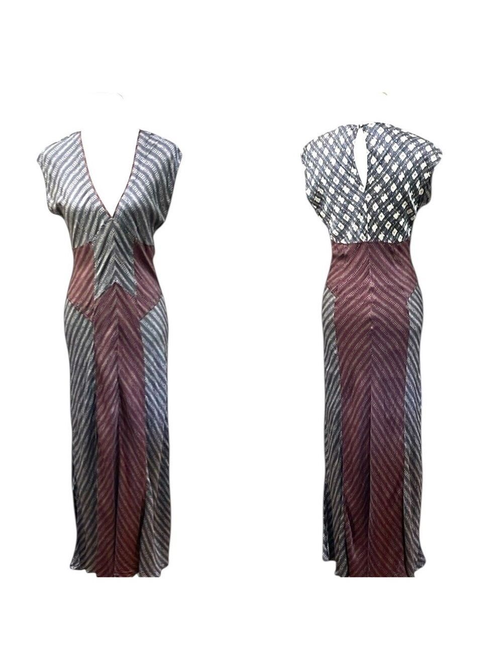 Burning Torch Silk Blend Multi Patterned Maxi Slip Dress SZ S Grey Burgundy